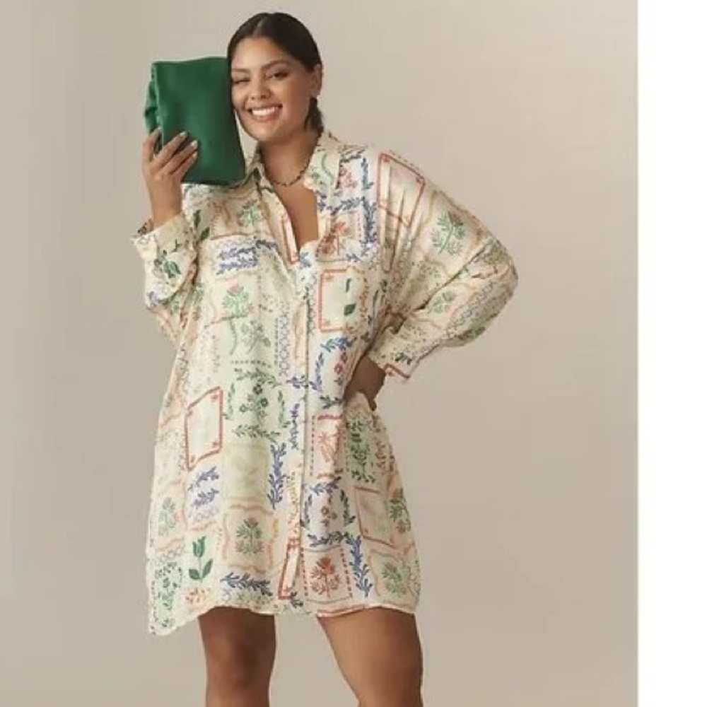 Corey Lynn Calter Anthropologie Colorful Floral Patchwork Shirt Dress - Medium - Picture 5 of 10